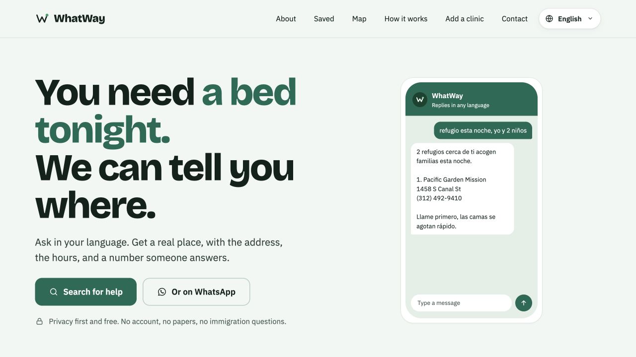 Desktop preview of the WhatWay homepage with a sample conversation
